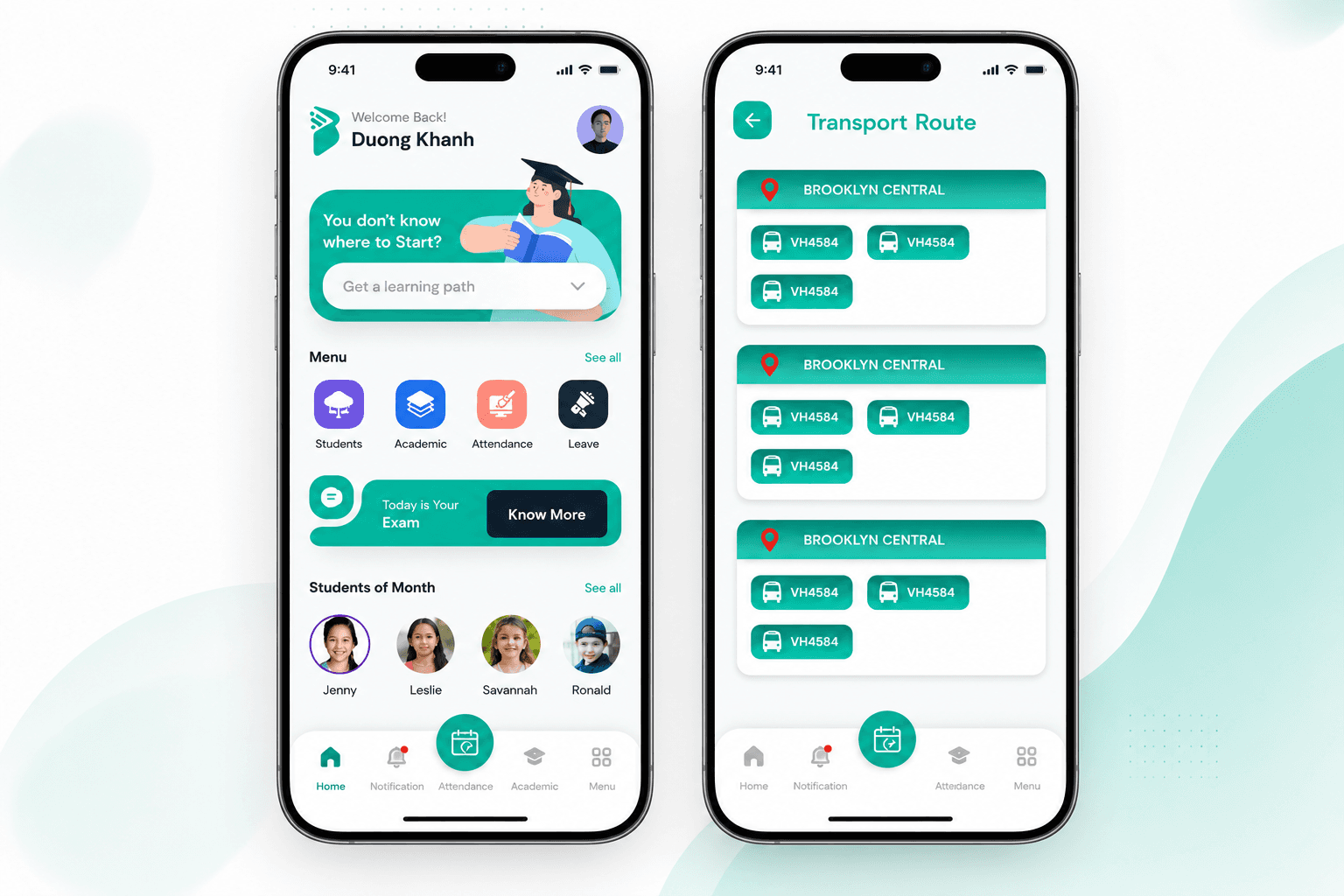 Brainy school management mobile application screens